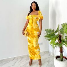 Women Dresses Square Collar Puff Sleeve Party Prom Bodycon Buttocks Party Dress High Street Ankle Tie Dye Party, Backless Evening Dress, French Dress, Lantern Sleeve Dress, High Waist Dress, Split Dress, Dress Yellow, Puffed Sleeves Dress, Slim Dresses