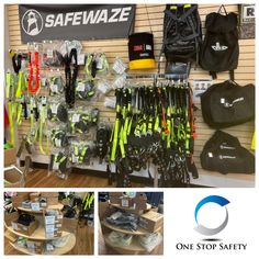 there are many skis on display in the store, including one stop safety sign