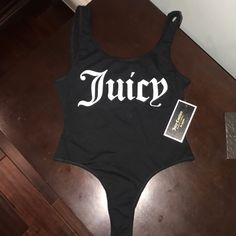 Brand New Juicy Couture Bodysuit White Fitted Swimwear With Letter Print, Fitted White Swimwear With Letter Print, Black Letter Print Bodysuit For Summer, Couture Bodysuit, Juicy Couture Black, Couture Tops, Juicy Couture, Black White, Womens Tops