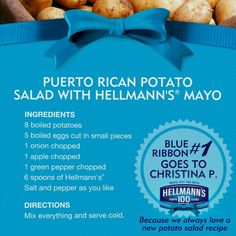 a blue ribbon is tied around potatoes in a basket with information about how to cook them