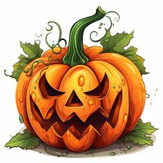 an orange pumpkin with green leaves on it's sides and the words happy halloween written in