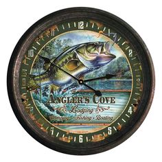 the angleer's cove wall clock features an image of a large mouth bass