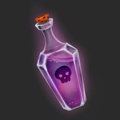 a purple bottle with a skull in it and a orange cap on the top is lit up