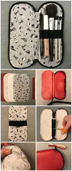 the inside of an open makeup bag with various items in it and instructions for how to make