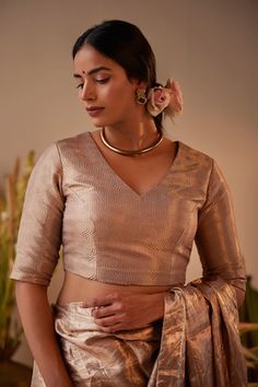 Beige blouse in Banarasi brocade base and wave patterns. - Aza Fashions Elegant Brocade Blouse For Party, Elegant Brocade Tops For Festive Occasions, Elegant Brocade Top For Party, Elegant Party Tops In Brocade, Elegant Festive Brocade Tops, Elegant Formal Tops With Self Design, Elegant Brocade Blouse With Self Design, Elegant Brocade Blouse Piece, Fitted Brocade Blouse Elegant Style