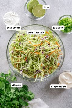 the ingredients to make this salad are shown in bowls and on top of each other