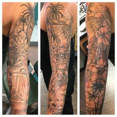 this is an image of a man's arm with tattoos on it and palm trees