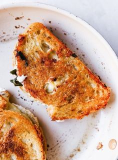 two pieces of toasted bread on a plate with melted cheese and spinach leaves