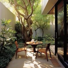 two chairs and a table in a small courtyard area with trees on either side of the patio