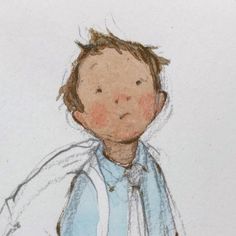 a drawing of a little boy in a blue shirt and tie with his hands on his hips