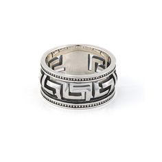 "Byzantine Meander Ring Sterling Silver, Vintage Style Statement Ring, Handmade Men's Jewelry, Vintage Ring, Byzantine Jewelry, Gift for Him 𝐏𝐑𝐎𝐃𝐔𝐂𝐓 𝐃𝐄𝐓𝐀𝐈𝐋𝐒 Made in 925⁰ sterling silver Handmade item. These silver creations of Yianni Jewelry, created by Garbis Khacherian, a silversmith trader since 1987. width: 1.3 cm - 0.5\" weight: 14 gr ★ Handmade in Greece 𝐏𝐀𝐂𝐊𝐀𝐆𝐈𝐍𝐆 All items are sent in a presentable gift box 𝐒𝐇𝐈𝐏𝐏𝐈𝐍𝐆 *We ship worldwide by DHL Express! Free Sh Silver Byzantine Rings Hallmarked, Silver Byzantine Engraved Ring, Byzantine Jewelry, Style Statement, Vintage Ring, Ring Vintage, Men's Jewelry, Jewelry Vintage, Ring Sterling Silver