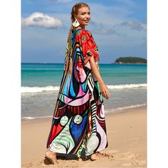 Red Graffiti Loose Beach Kimono Dress Multicolor Print Vacation Dresses, Multicolor Print Dresses For Vacation, Red V-neck Maxi Dress For Beach Party, V-neck Beach Dress With Abstract Print, Colorful Printed Beach Dress, Red Abstract Print Summer Maxi Dress, Red Abstract Print Maxi Dress For Summer, Summer Red Maxi Dress With Abstract Print, Multicolor Print Dress For Beach Party