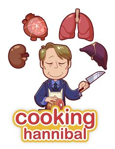 a man holding a knife in front of the words cooking hamibal on it