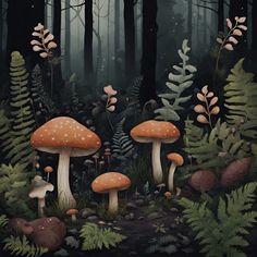 a painting of mushrooms and ferns in the woods