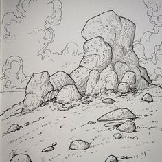 a black and white drawing of rocks on the ground with clouds in the sky above