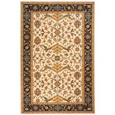 an ivory rug with black and gold trimmings on the bottom, in front of a white background