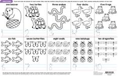 the worksheet for children to learn how to draw animals and fish with their numbers