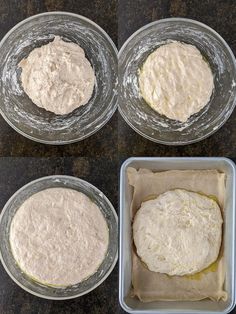 four bowls with dough in them sitting on a counter