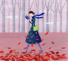 a woman in a blue dress is walking through the leaves