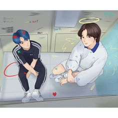 two anime characters sitting on the floor in a room with blue hair and white shoes