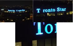 two photos of the top and bottom of a building at night with lights on it