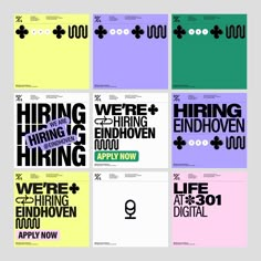 six different types of posters with the words hiring, hiring, and apply now on them