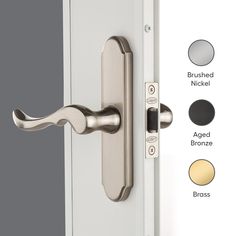 an open door with the handles and knobs labeled in different colors, including brass, brushed, nickel, aged bronze, brass