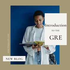 a woman is reading a book in front of a blue wall with the title'an instruction to the gre '