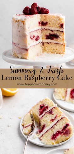 a slice of lemon raspberry cake on a plate