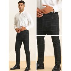 Lars Amadeus Business Checked Trousers for men offer a classic and stylish look with their plaid pattern and formal design. These straight leg, flat front dress pants feature a zipper closure and are suitable for various occasions, including work, meetings, dates, parties, proms, and weddings. Made from a blend of 95% cotton and 5% polyester, they provide comfort and durability. Pair them with dress shirts, polos, blazers, or jackets to create a polished business style. Machine wash cold inside Plaid Dress Pants For Workwear, Slim Fit Dress Pants For Business In Fall, Fall Business Slim Fit Dress Pants, Plaid Slacks Outfit Men, Mens Plad Casual Pants, Men’s Plaid Dress Pants Outfits, Mens Plaid Pants Brown, Straight Leg Dress Pants, Cheap Full-length Men's Dress Pants