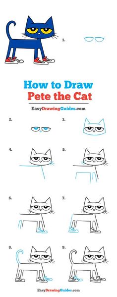 how to draw pete the cat step by step instructions for children and adults, with pictures