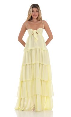 Ruffle Front Tie Maxi Dress in Yellow | LUCY IN THE SKY Preppy Maxi Dress, Yellow Flowy Dress, Bday Dresses, Yellow Ruffle Dress, Yellow Boho Dress, Yellow Long Dress, Colorful Maxi Dress, White Ruffle Dress, Junior Prom