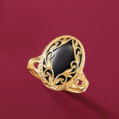 Ross-Simons - Black Onyx Scrollwork Ring in 14kt Yellow Gold. Size 10. A gleaming 18x13mm oval black onyx cabochon sets off the glow of a scrollwork overlay on this bold and beautiful statement ring. Featuring an ornate open-space band crafted in diamond-cut and polished 14kt yellow gold. 3/4" wide. Black onyx scrollwork ring. Scroll Ring, Diamond Birthstone, Gold Ring Designs, Onyx Jewelry, Gold Models, Right Hand Rings, Fine Jewelery, Yellow Gold Jewelry, Black Onyx Ring