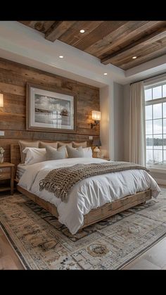 a large bed sitting inside of a bedroom on top of a rug