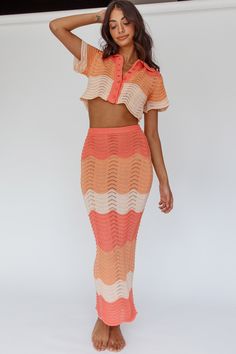 Shop the May Blooms Button Up Crop Top Tangerine | Selfie Leslie Pink Dress Shoes, Print Skirts, Selfie Leslie, Yellow Bridesmaids, Red Bridesmaids, Knit Maxi Skirt, Tan Sandals, Blue Bridesmaids, Clothing Tags