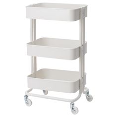 a three tiered shelf on wheels with two bins