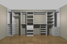 an empty closet with shelves and drawers