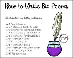 a purple vase with a feather on it and the words how to write big poem