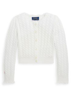 white cotton cable knit pointelle knit round neck front button fastening long sleeves ribbed cuffs and hem Polo Ralph Lauren Kids, Toddler Tops, Ralph Lauren Logo, Ralph Lauren Kids, Girls Cardigan, Cable Knit Cardigan, Cotton Cardigan, Ralph Lauren Sweater, Knitwear Cardigan