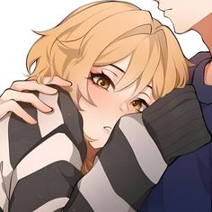 an anime character with blonde hair and brown eyes hugging another person's shoulder, both wearing black and white striped sweaters