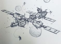 an artistic drawing of a space station