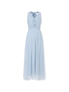 a dress that is light blue and has a flower on the front, with an open back