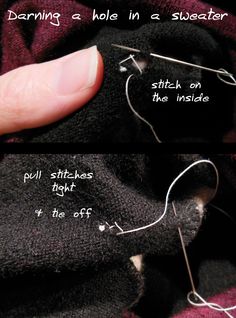 two pictures showing how to make a sweater with knitting needles and stitch on the inside