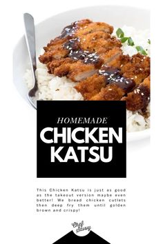 an advertisement for chicken katsuu with rice and sauce