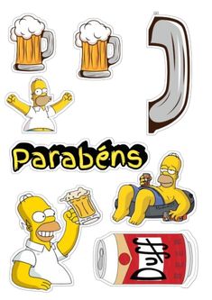 the simpsons character stickers are arranged in different shapes and sizes, including beer cans