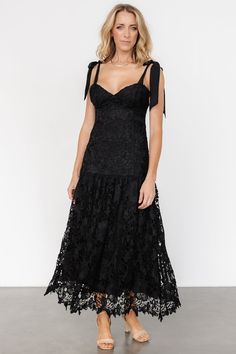 Timeless charm and modern details create a memorable look Black lace over lining Sweetheart neckline Padded bust Hidden zipper at back for closure Self-tie sleeve straps Single-tiered skirt Self and Lining: 100% Polyester Trina is 5'6, cup size 32D, size 2 and is wearing size S Lace Dress With Lace-up Back For Brunch, Lace Gala Dress With Lace-up Back, Lace Dress With Tie Back And Sweetheart Neckline, Elegant Dress With Sweetheart Neckline And Lace Closure, Evening Dress With Sweetheart Neckline And Lace Closure, Lace Dress With Sweetheart Neckline For Date Night, Chic Lace Dress With Lace-up Back, Chic Black Lace Dress With Sweetheart Neckline, Chic Lace Dresses With Lace-up Back