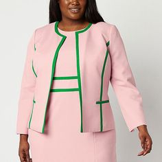 This suit jacket from Black Label by Evan-Picone women's plus collection swaps traditional lapels for an elegant crew neckline for a sophisticated update to classic tailoring. Made from a smooth pink fabric with green trim, this blazer has an open front, long sleeves with slits at the cuffs, and side slip pockets. Layer over the coordinating dress and heels or jeans.Front Style: Single BreastedFeatures: PipedClosure Type: Open FrontFit: Classic FitPockets: 2 Front Slip PocketsSleeve Length: Long SleeveSleeve Style: Vent SleeveApparel Length: 25 InchesFiber Content: 100% PolyesterFabric Description: MelangeLining: LinedLining Material: PolyesterCare: Dry Clean OnlyCountry of Origin: Imported Aka Line Jacket Designs, Pink And Green Business Attire, Pink Blazer With Button Closure And Suit Collar, Pink And Green Outfits Black Women, Pink And Green Outfits For Women, Pink And Green Suit, Alpha Kappa Alpha Line Jacket Designs, Aka Sweaters & Cardigans, Blazer With Dress