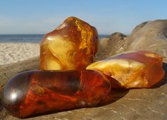 two pieces of glass sitting on top of a wooden table next to the ocean and sand