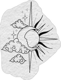 an ink drawing of the sun and clouds