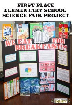 a table with posters on it and the words, first place elementary school science fair project